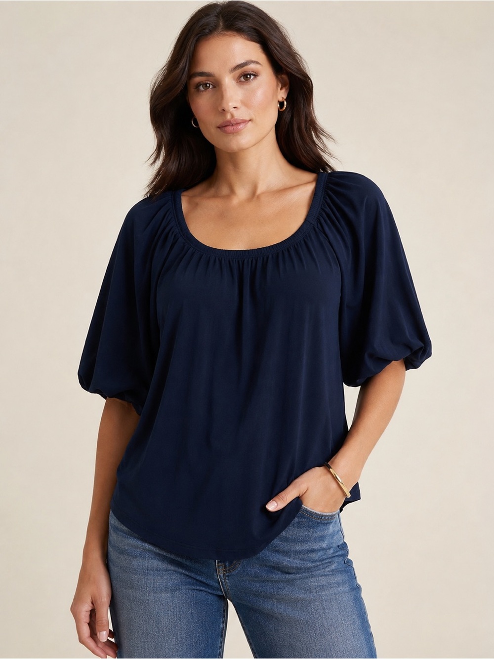 Banana Republic Navy Puff Sleeve Scoop Neck Blouse Size L